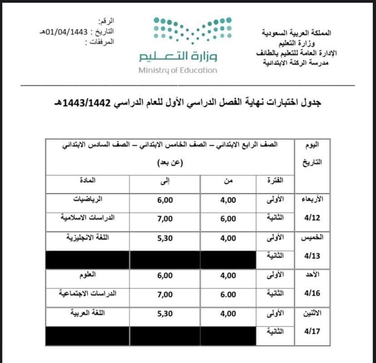 اختبارات الفصل الدراسي الثاني ١٤٤٣